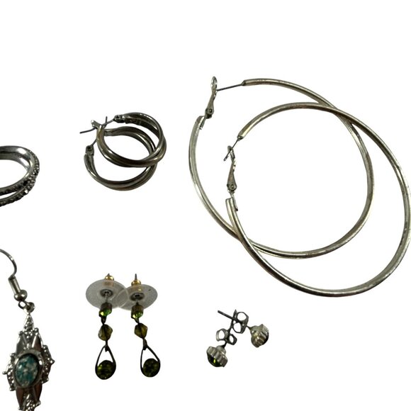 Mixed Lot 11 Earrings Dangle Hoops Beaded Rhinestones Silver Tone - Picture 15 of 16